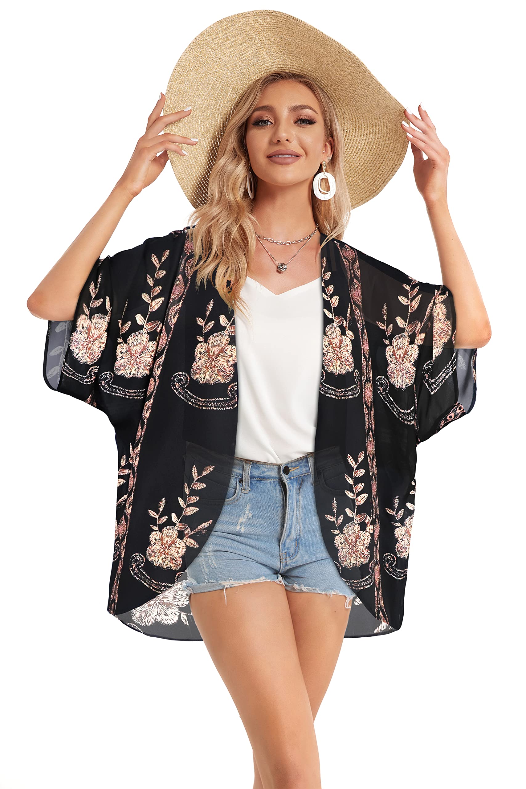 Women's Floral Kimono Cardigan Print Short Sleeve Shawl Chiffon Casual Summer Blouse Tops