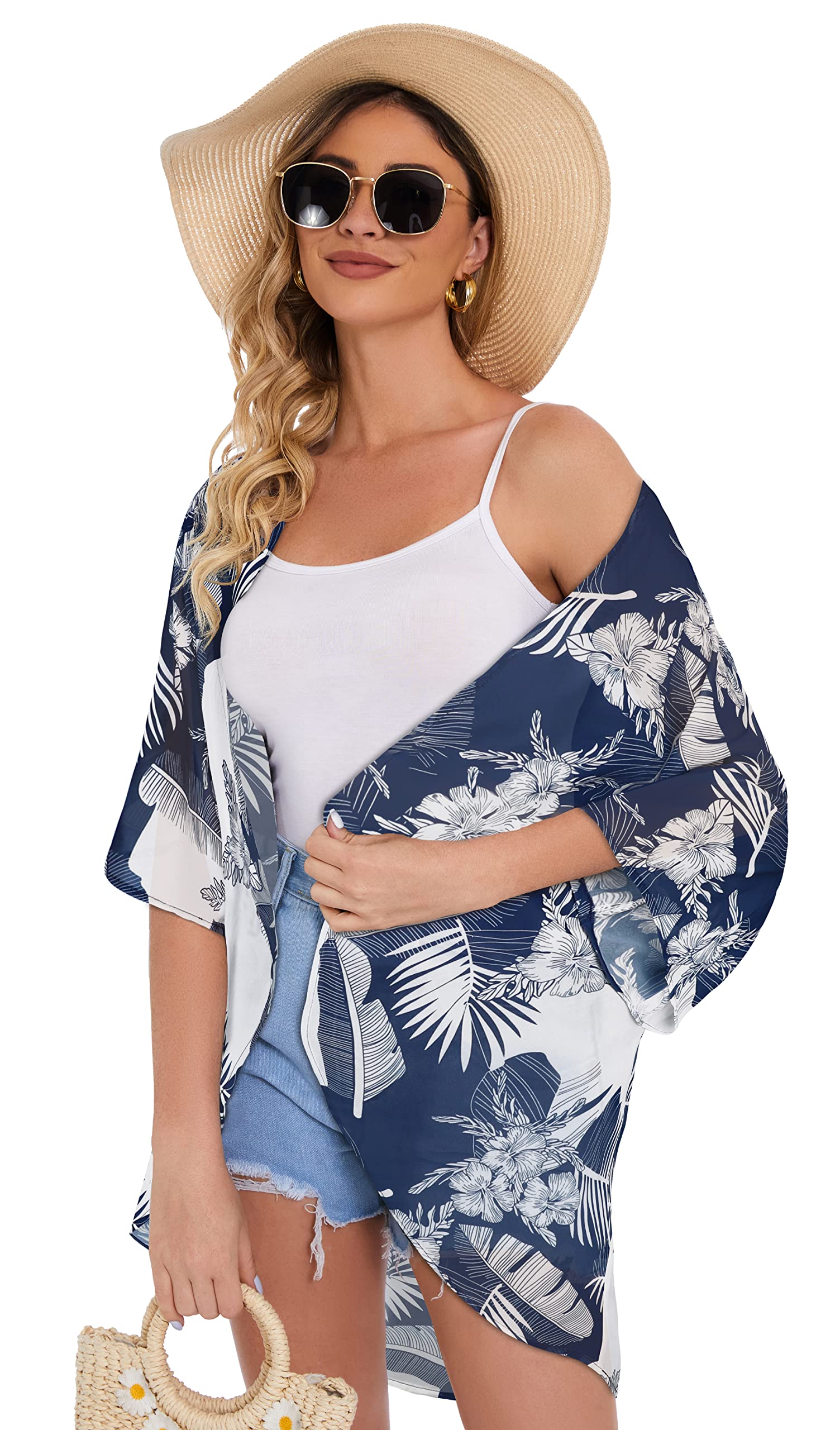 Women's Floral Kimono Cardigan Print Short Sleeve Shawl Chiffon Casual Summer Blouse Tops