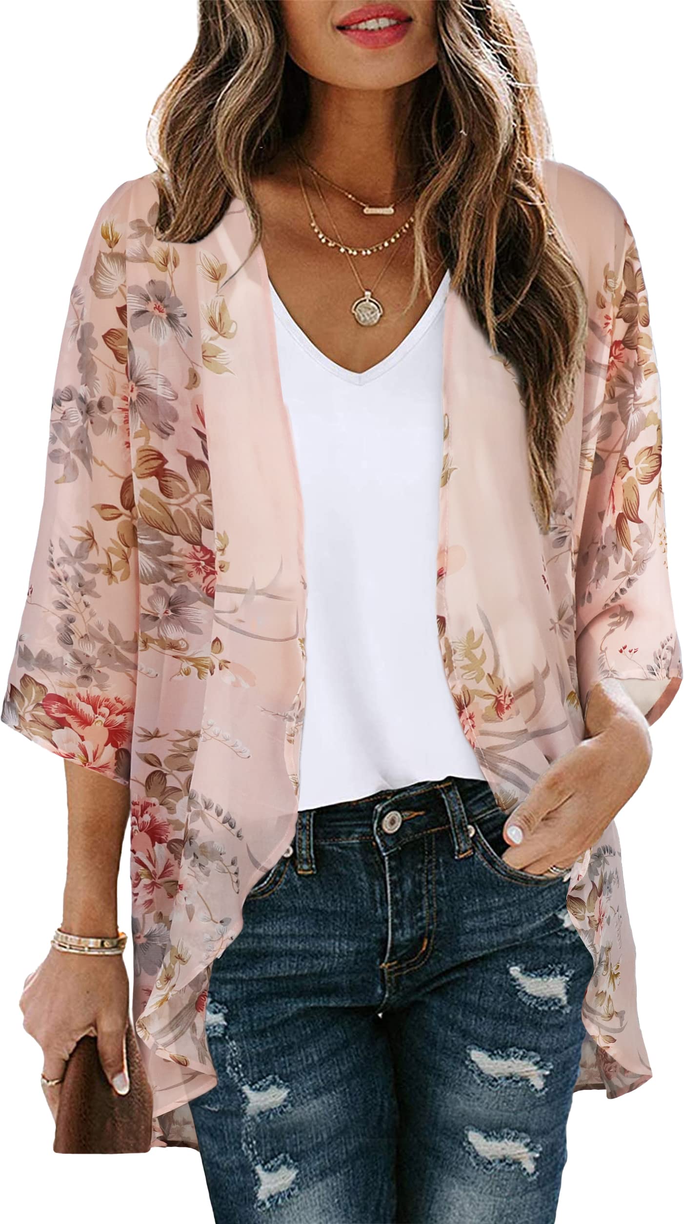 Women's Floral Kimono Cardigan Print Short Sleeve Shawl Chiffon Casual Summer Blouse Tops