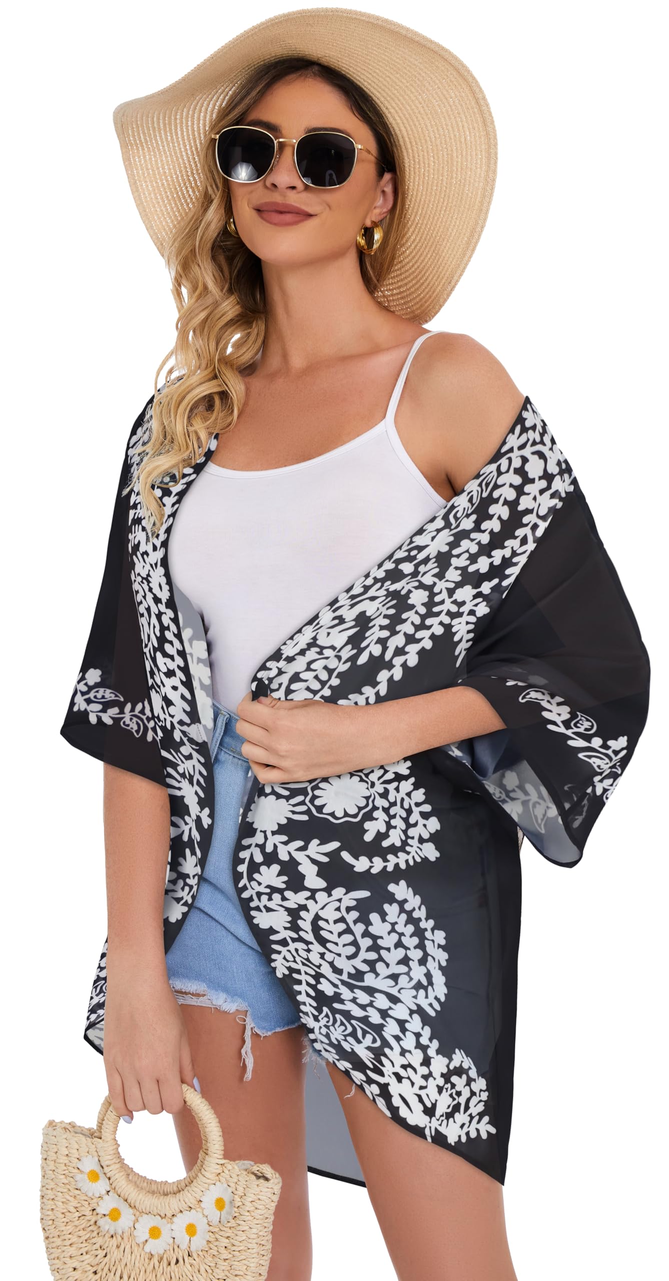 Women's Floral Kimono Cardigan Print Short Sleeve Shawl Chiffon Casual Summer Blouse Tops