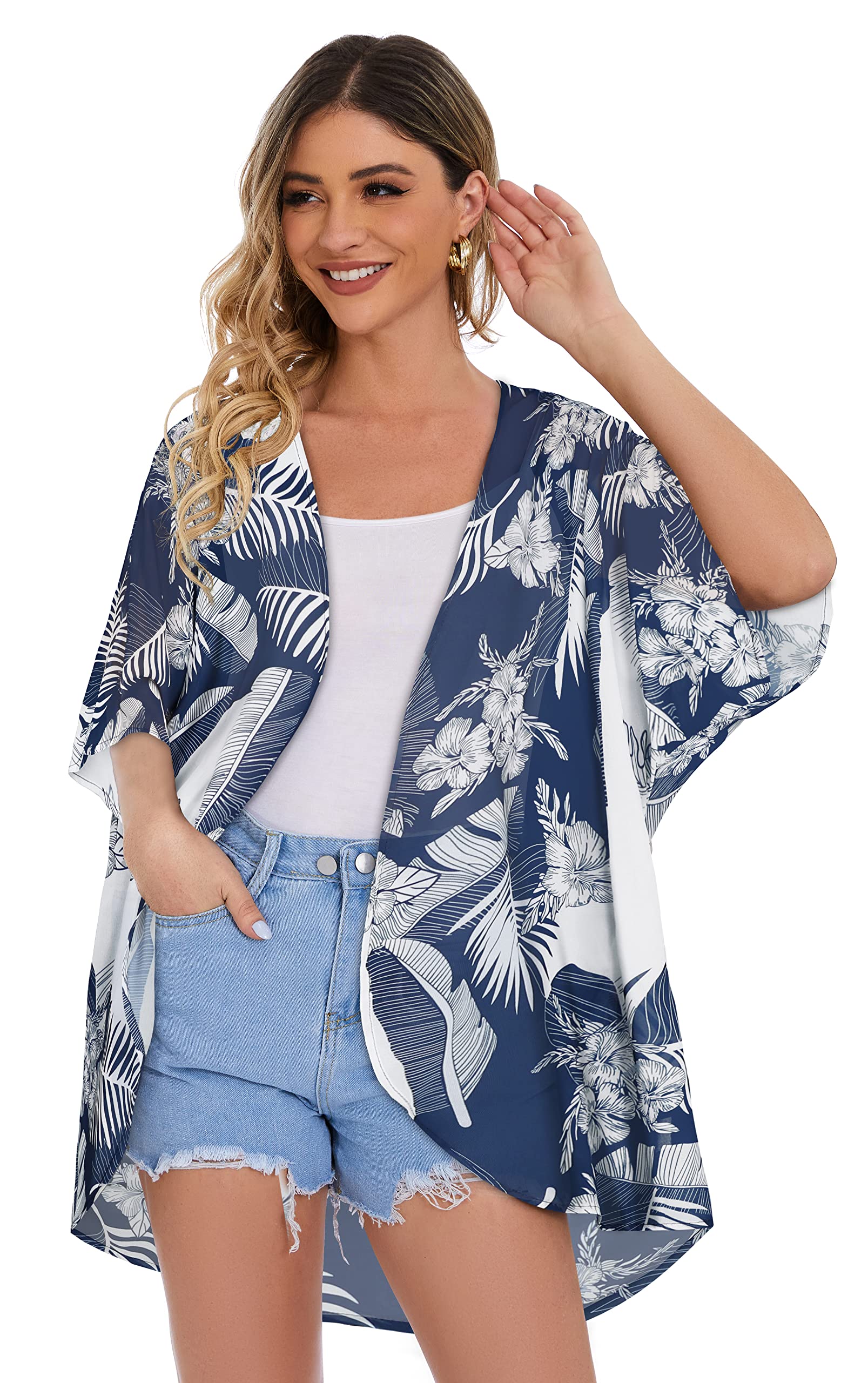 Women's Floral Kimono Cardigan Print Short Sleeve Shawl Chiffon Casual Summer Blouse Tops