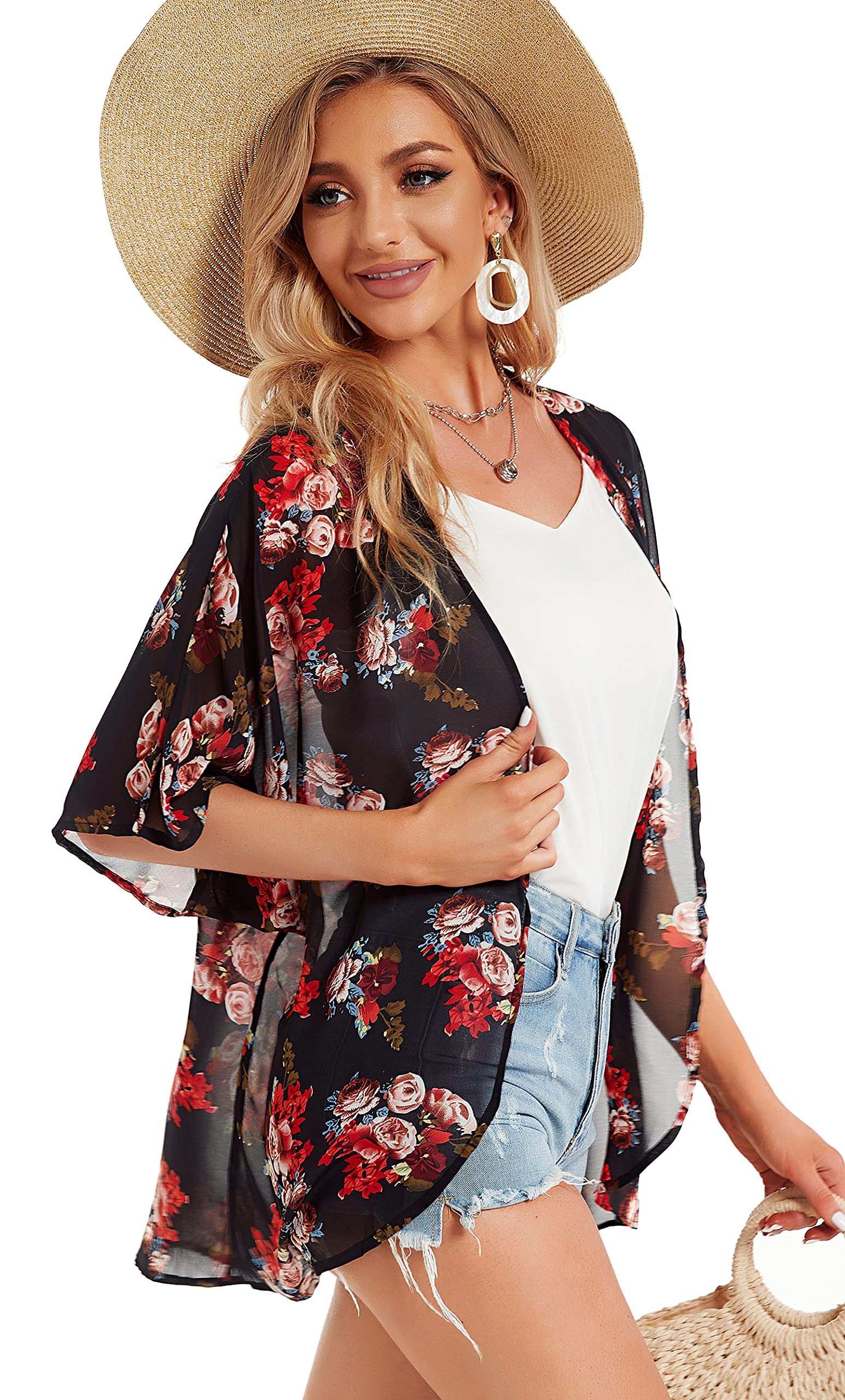 Women's Floral Kimono Cardigan Print Short Sleeve Shawl Chiffon Casual Summer Blouse Tops