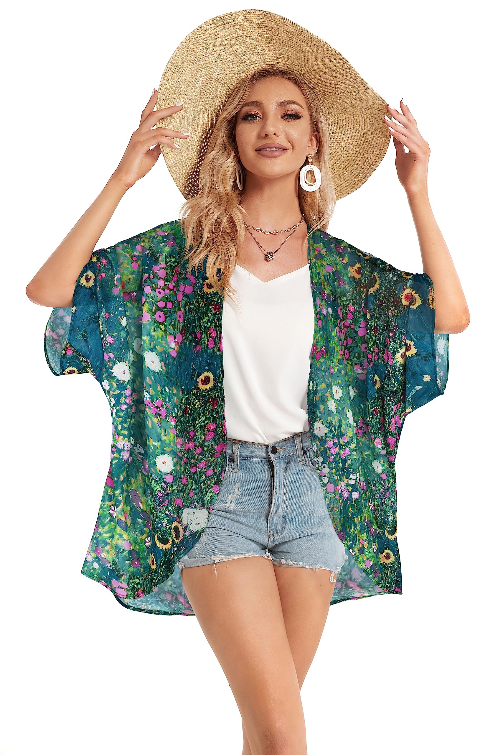 Women's Floral Kimono Cardigan Print Short Sleeve Shawl Chiffon Casual Summer Blouse Tops