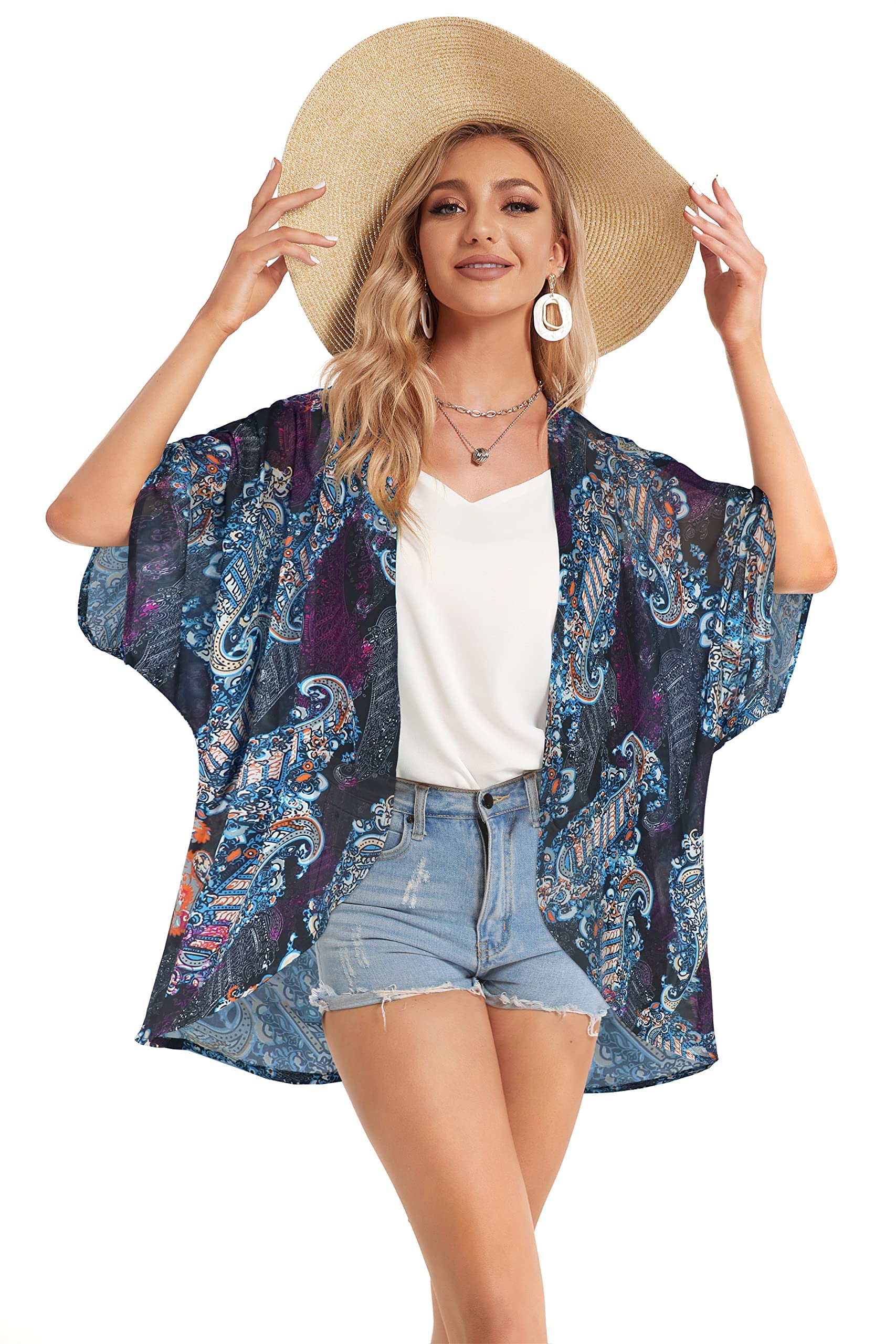 Women's Floral Kimono Cardigan Print Short Sleeve Shawl Chiffon Casual Summer Blouse Tops