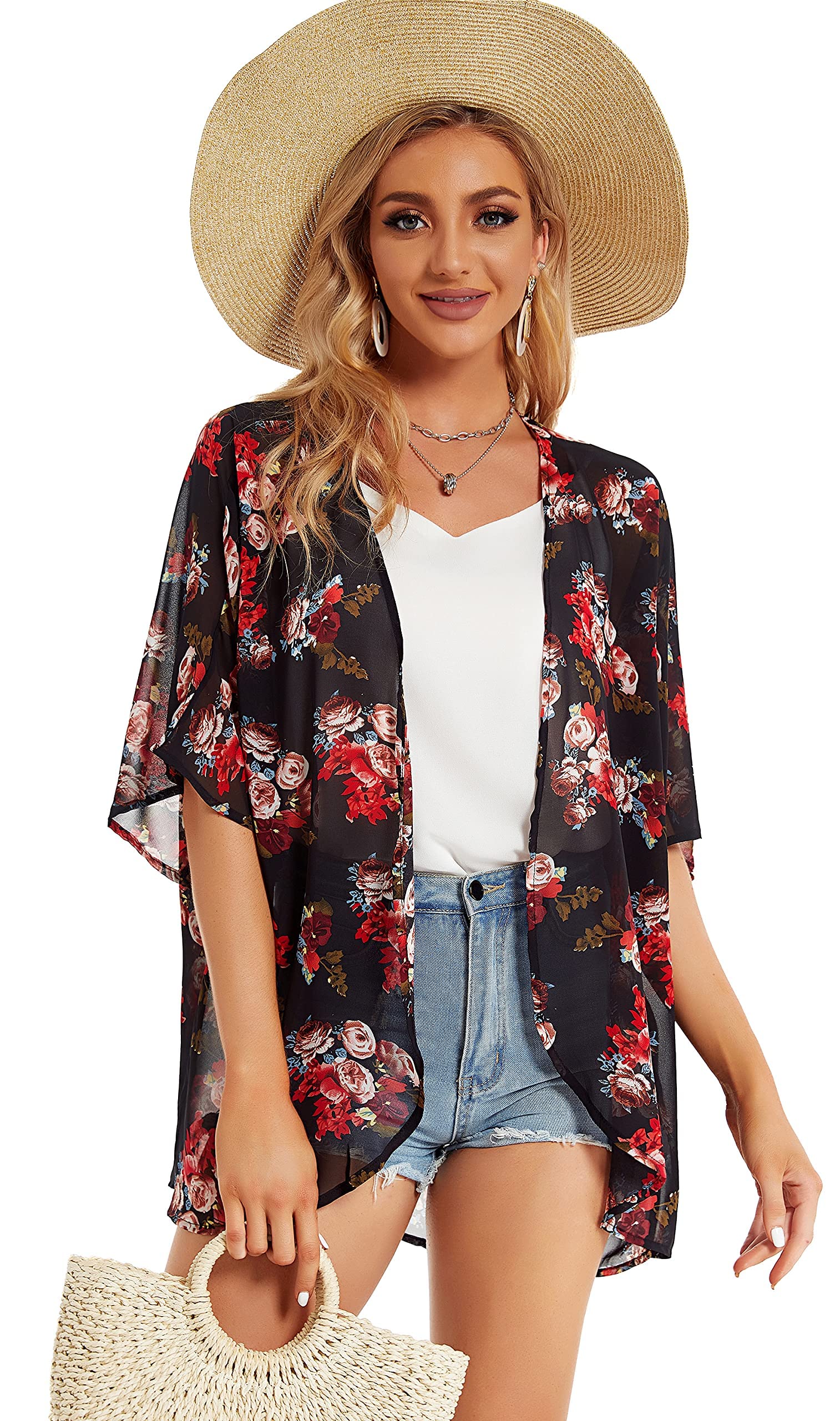 Women's Floral Kimono Cardigan Print Short Sleeve Shawl Chiffon Casual Summer Blouse Tops