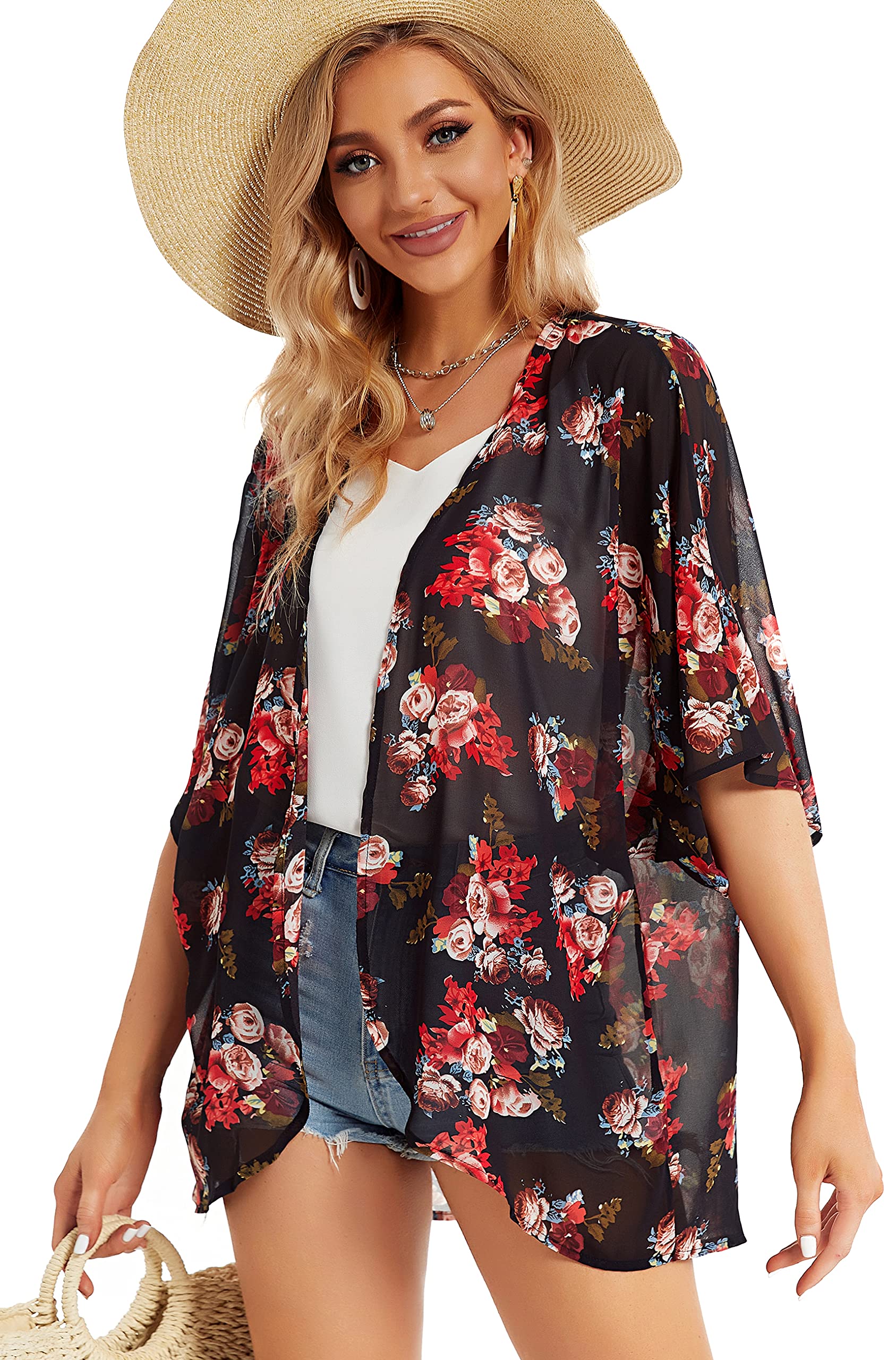 Women's Floral Kimono Cardigan Print Short Sleeve Shawl Chiffon Casual Summer Blouse Tops