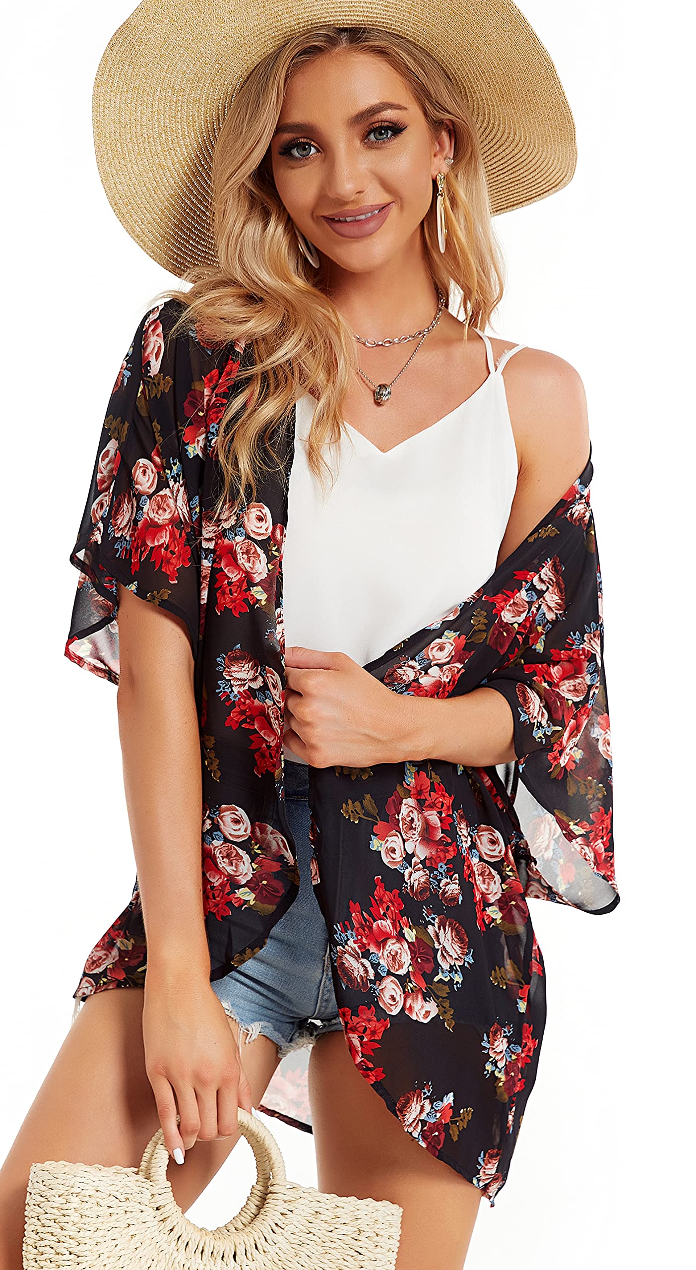 Women's Floral Kimono Cardigan Print Short Sleeve Shawl Chiffon Casual Summer Blouse Tops