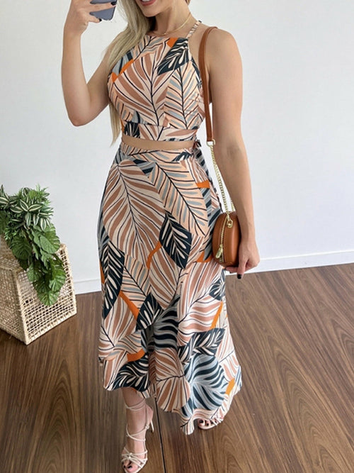 Sleeveless Top Vest And Long Skirt Outfits Fashion Print Lace-Up Set