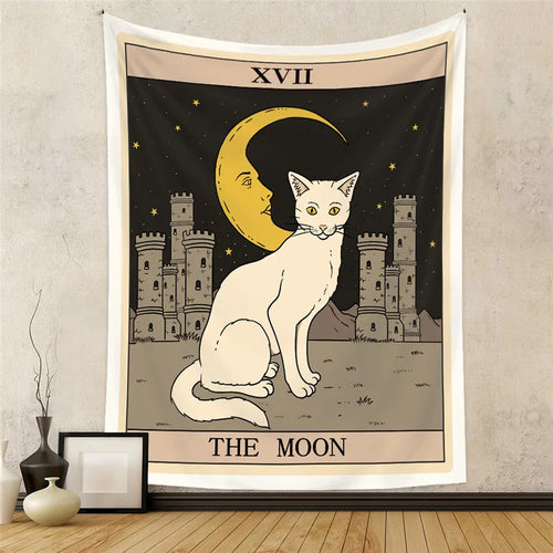 Aesthetic Sun Moon Star Cat Tarot Tapestry Wall Hanging Cloth Fabric