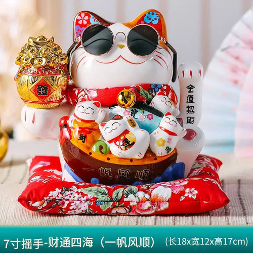 7 Inch Lucky Cat Decoration Feng Shui Fortune Cat Ceramic Electric