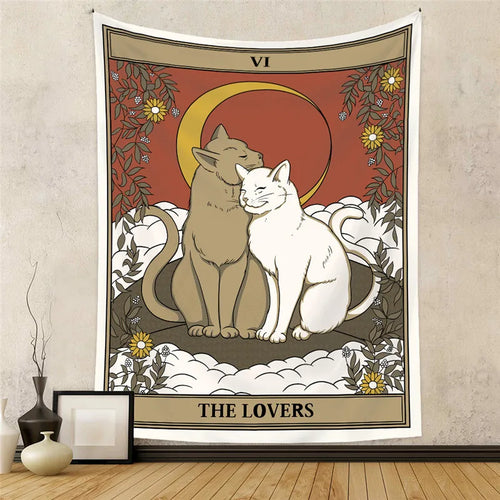 Aesthetic Sun Moon Star Cat Tarot Tapestry Wall Hanging Cloth Fabric