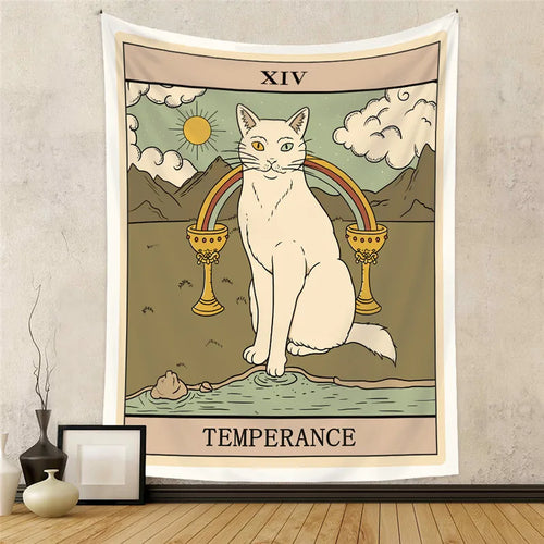 Aesthetic Sun Moon Star Cat Tarot Tapestry Wall Hanging Cloth Fabric