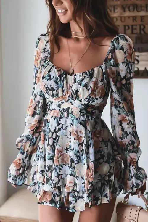 Sexy Overalls For Women Long Sleeve Floral Print Bohemian Ruffles V