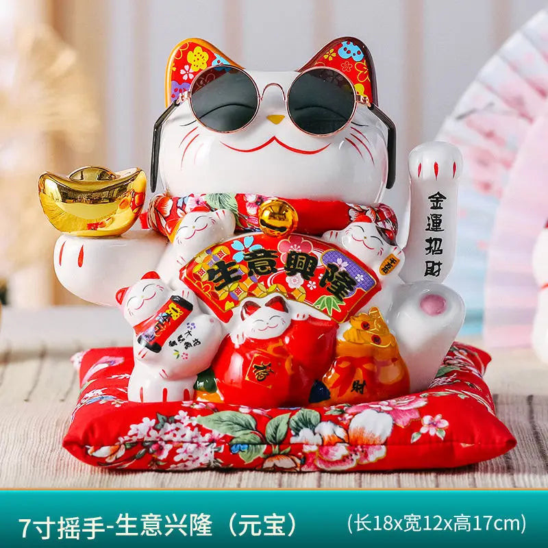 7 Inch Lucky Cat Decoration Feng Shui Fortune Cat Ceramic Electric