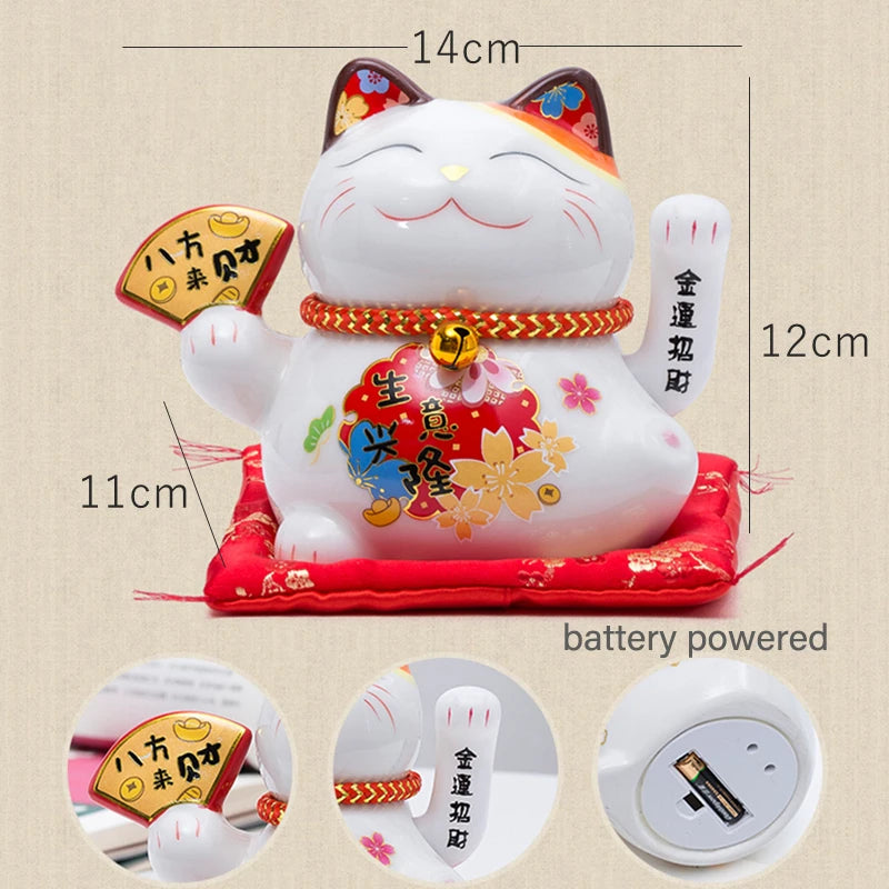 5 inch Ceramic Fortune Cat Waving Hand Lucky Cat Plutus Cat Battery