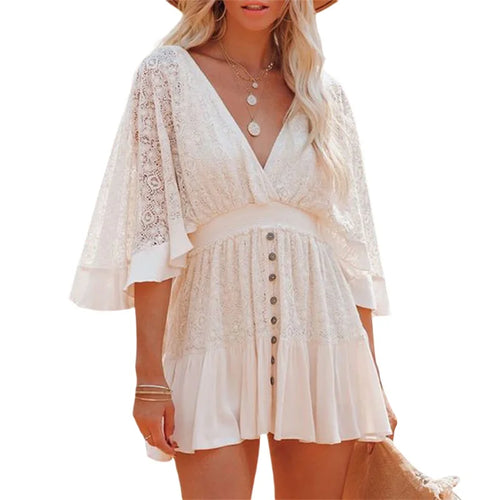 White Lace Tunic Beach Cover-ups Dress for Women 2023 Half Sleeve