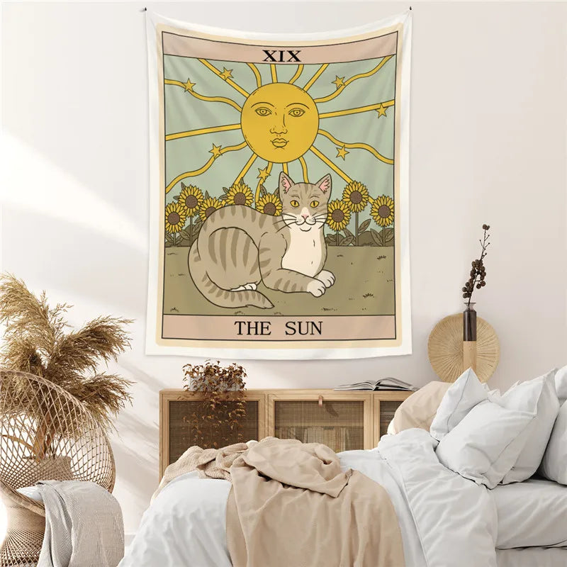 Aesthetic Sun Moon Star Cat Tarot Tapestry Wall Hanging Cloth Fabric