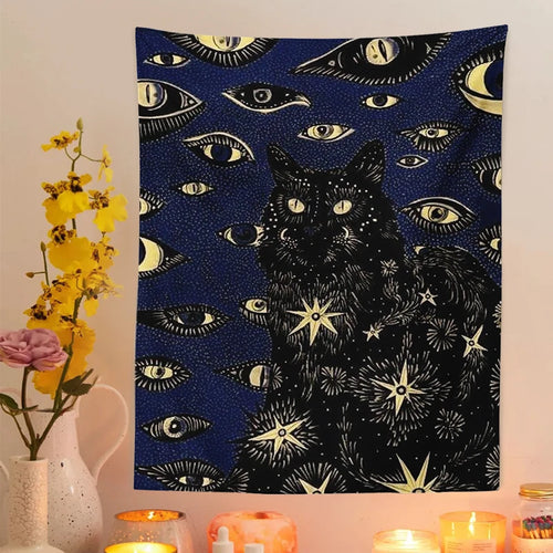 Aesthetic Sun Moon Star Cat Tarot Tapestry Wall Hanging Cloth Fabric