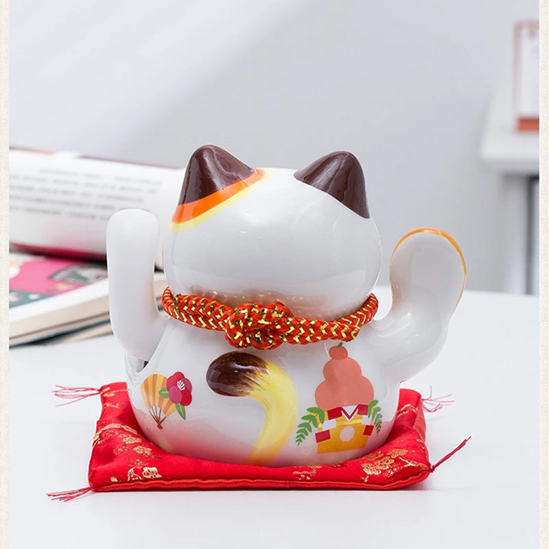 5 inch Ceramic Fortune Cat Waving Hand Lucky Cat Plutus Cat Battery