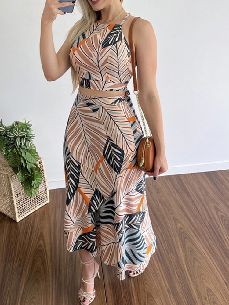 Sleeveless Top Vest And Long Skirt Outfits Fashion Print Lace-Up Set