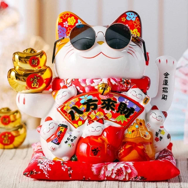 7 Inch Lucky Cat Decoration Feng Shui Fortune Cat Ceramic Electric