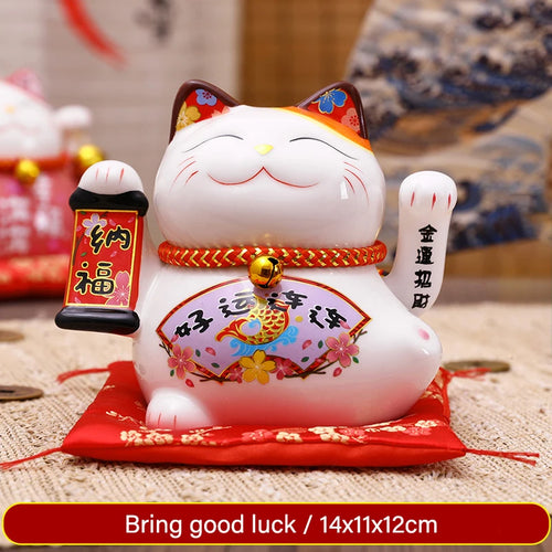 5 inch Ceramic Fortune Cat Waving Hand Lucky Cat Plutus Cat Battery