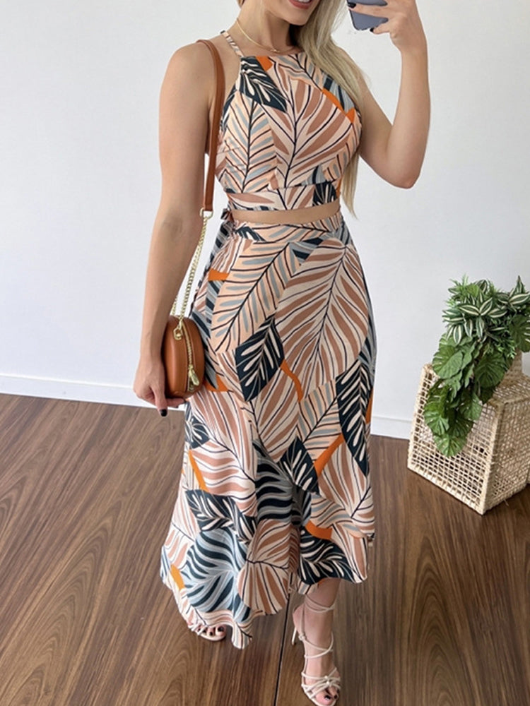 Sleeveless Top Vest And Long Skirt Outfits Fashion Print Lace-Up Set