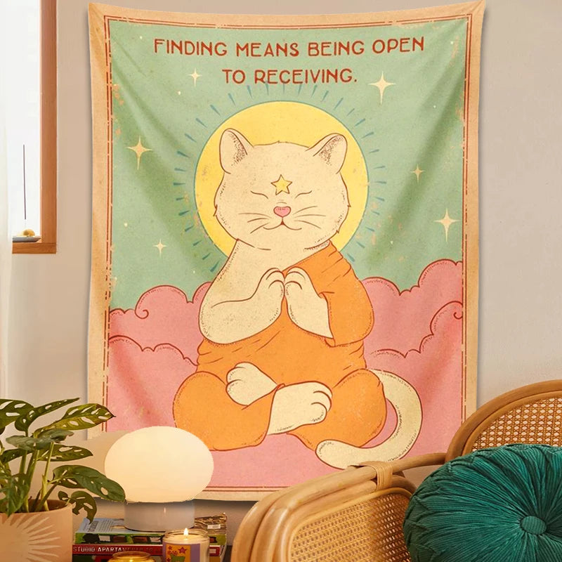 Tarot Meditation Cat Tapestry psychedelic sun moon cat cute kitty