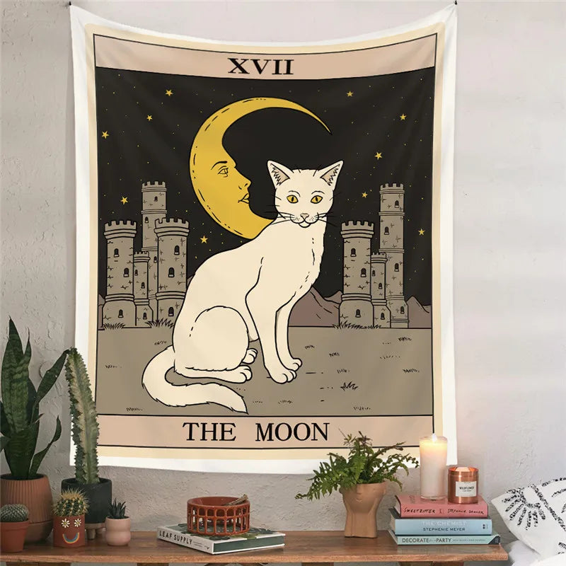 Aesthetic Sun Moon Star Cat Tarot Tapestry Wall Hanging Cloth Fabric