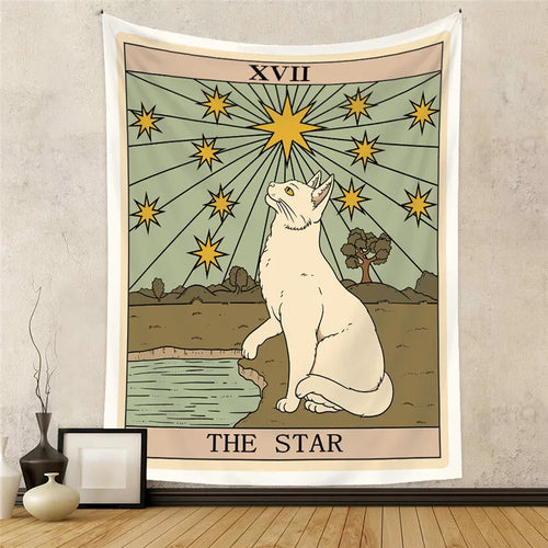 Aesthetic Sun Moon Star Cat Tarot Tapestry Wall Hanging Cloth Fabric