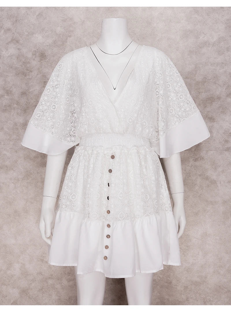 White Lace Tunic Beach Cover-ups Dress for Women 2023 Half Sleeve