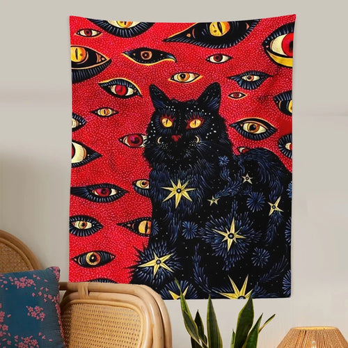 Aesthetic Sun Moon Star Cat Tarot Tapestry Wall Hanging Cloth Fabric