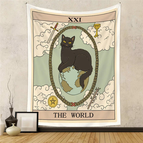 Aesthetic Sun Moon Star Cat Tarot Tapestry Wall Hanging Cloth Fabric