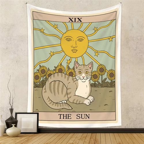 Aesthetic Sun Moon Star Cat Tarot Tapestry Wall Hanging Cloth Fabric