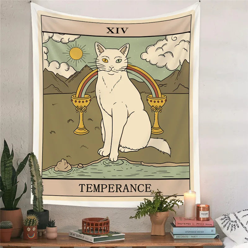 Aesthetic Sun Moon Star Cat Tarot Tapestry Wall Hanging Cloth Fabric