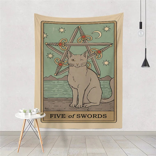 Aesthetic Sun Moon Star Cat Tarot Tapestry Wall Hanging Cloth Fabric