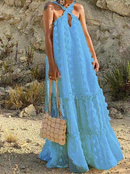 Solid Ball Tassel Party Dress Hollow Cross Halter Beach Dress