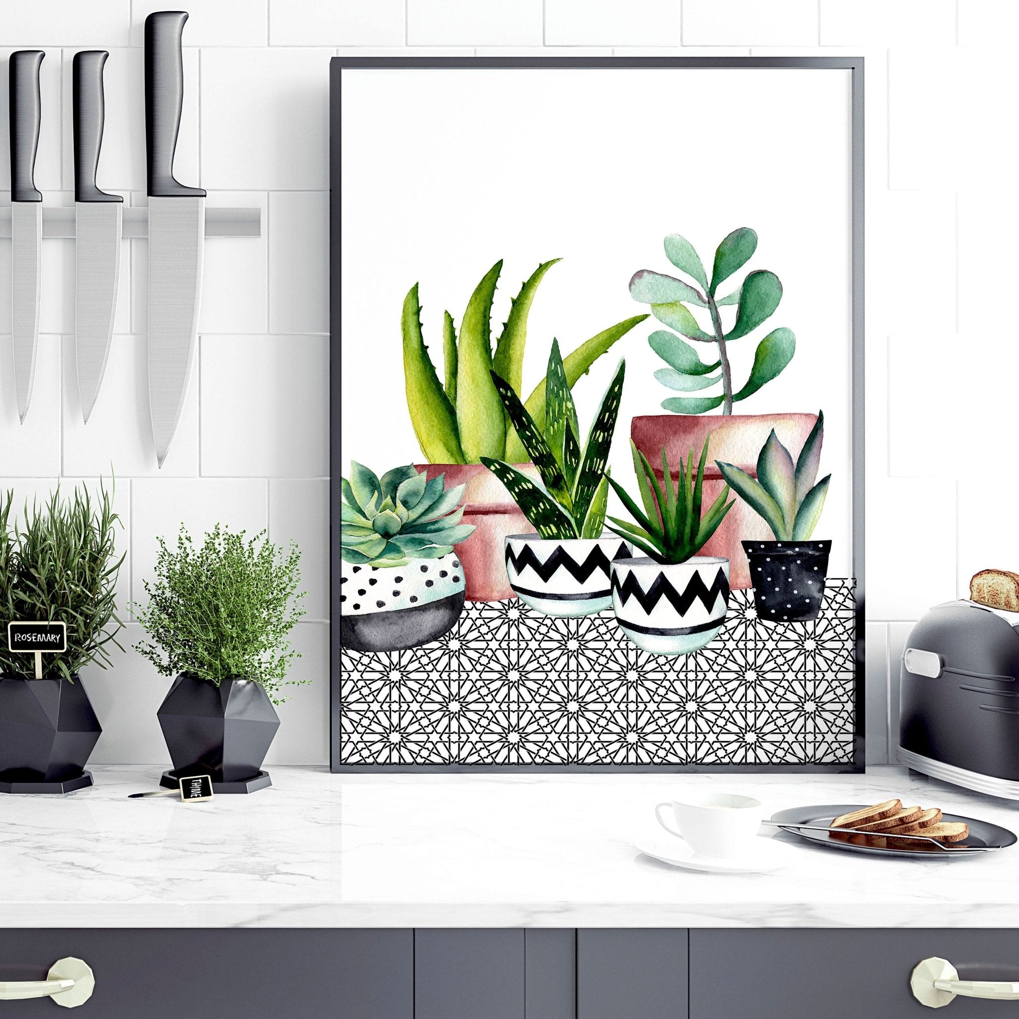 Kitchen wall pictures | set of 2 Succulent wall art prints